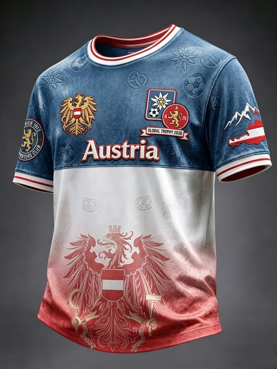 Vintage-Alltags-T-Shirt mit österreichischem Adler und Farbverlauf im Fußballstil