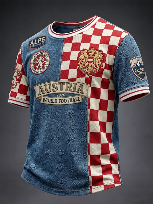Vintage österreichisches 2026-Fußball-Kariertes Patchwork-Casual-T-Shirt