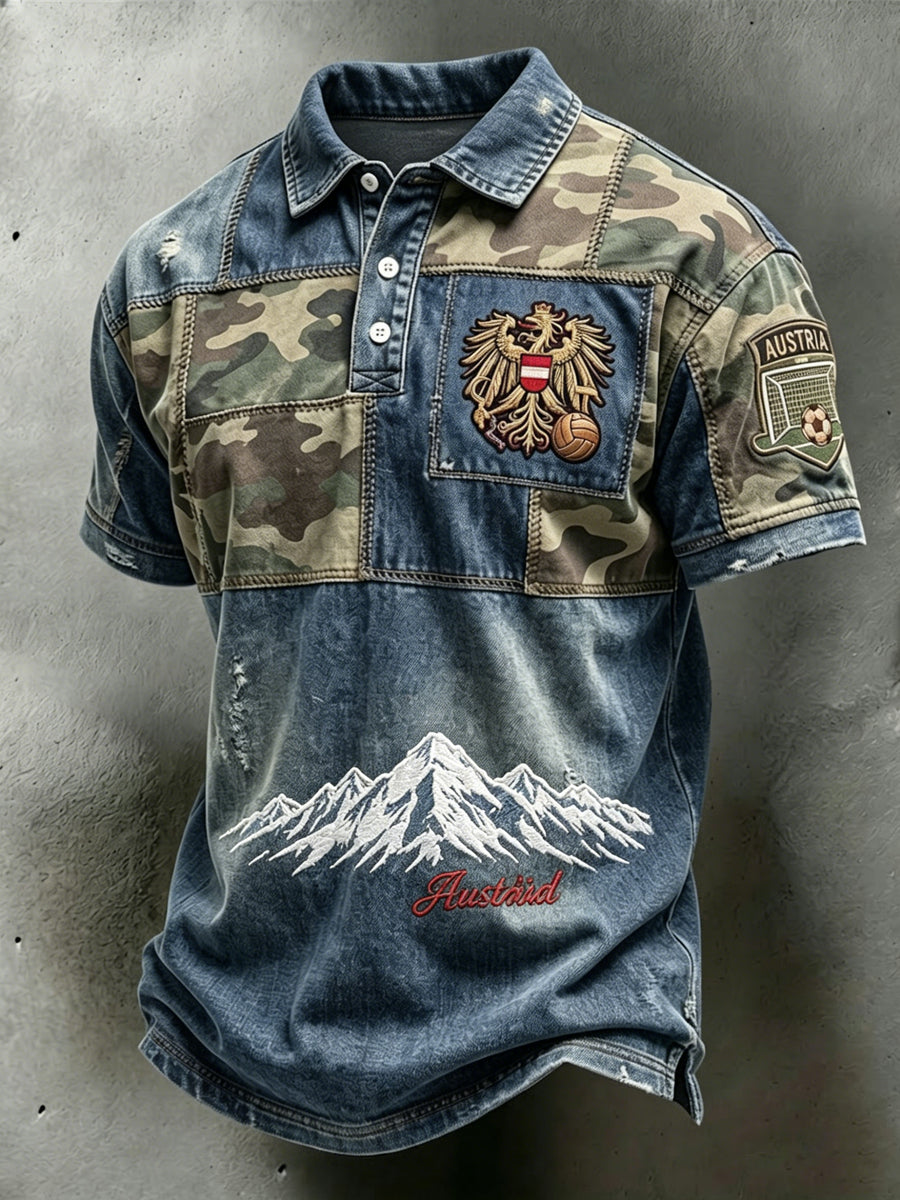 Retro österreich ische Alpine Camouflage Patchwork Casual Polo Shirt