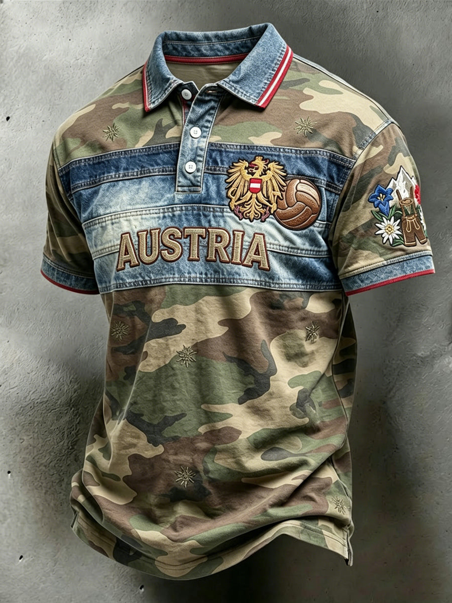 Retro österreich ische Tarnung Patchwork Casual Polo Shirt