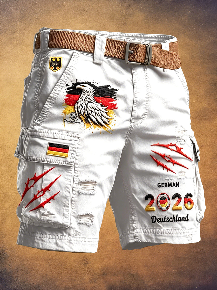 Herren-weiße Freizeit-Arbeits-Shorts im Used-Look mit deutschem Fußballmotiv