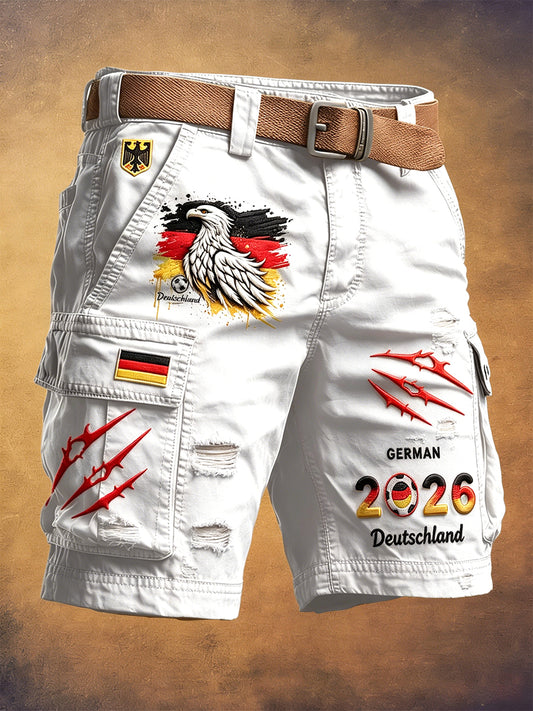 Herren-weiße Freizeit-Arbeits-Shorts im Used-Look mit deutschem Fußballmotiv