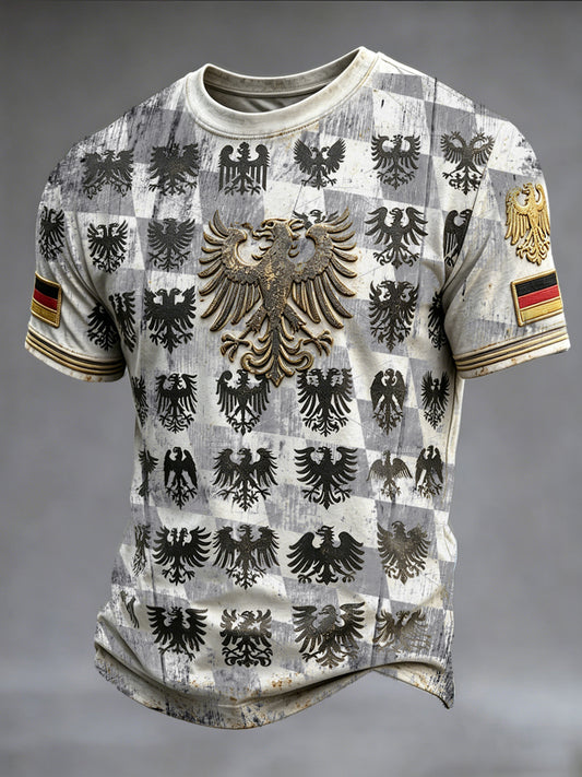 Herren-T-Shirt in Schwarz mit Adler- und Karomuster, lässiger Stil, made in Germany, München