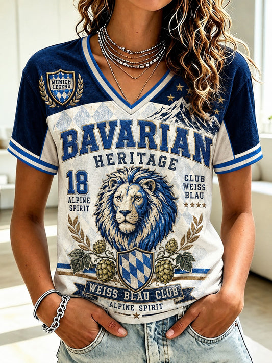 Damen-T-Shirt mit deutschem bayerischen Löwen-Print und V-Ausschnitt