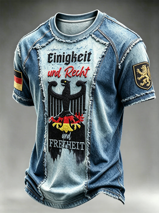 Herren deutsche Flagge Schwarzer Adler Denim Patchwork Print Freizeit T-Shirt