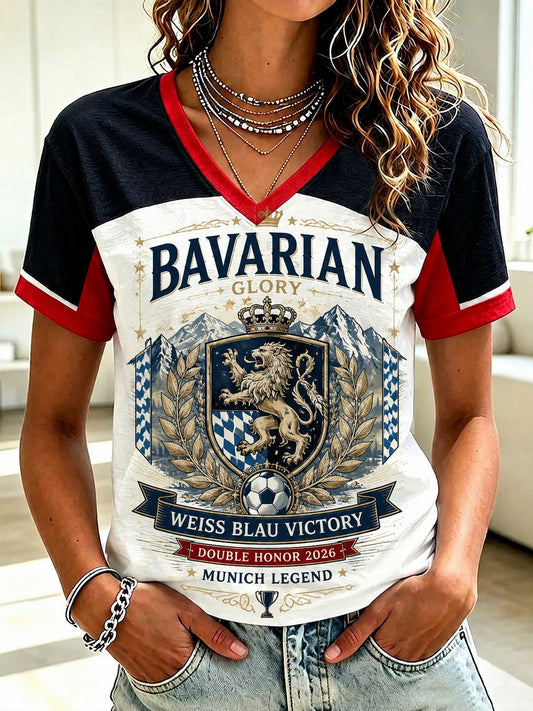 Damen-T-Shirt mit V-Ausschnitt und deutschem bayerischem Glanz-Print