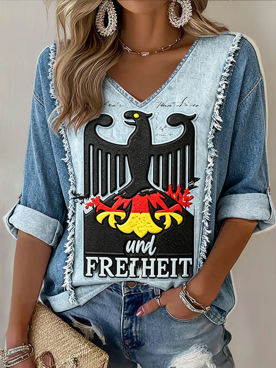 Damen-Deutschland-Jeans-Patchwork-Print lässiges modisches T-Shirt mit V-Ausschnitt