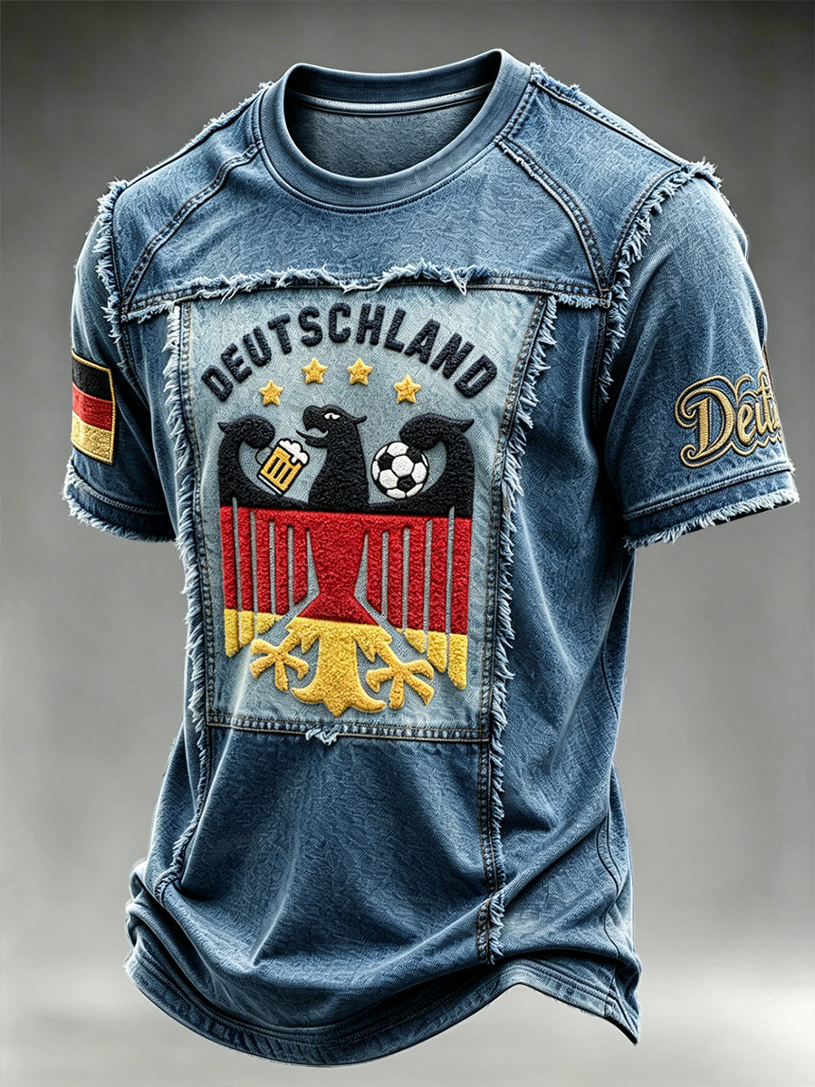 Herren-Casual-T-Shirt im deutschen Fußballstil mit Denim-Effekt und Patchwork-Print