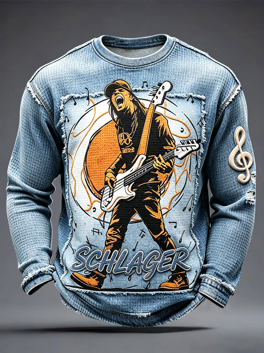 Langärmliges T-Shirt mit Denim-Effekt-Patchwork-Print für Herren Deutsch