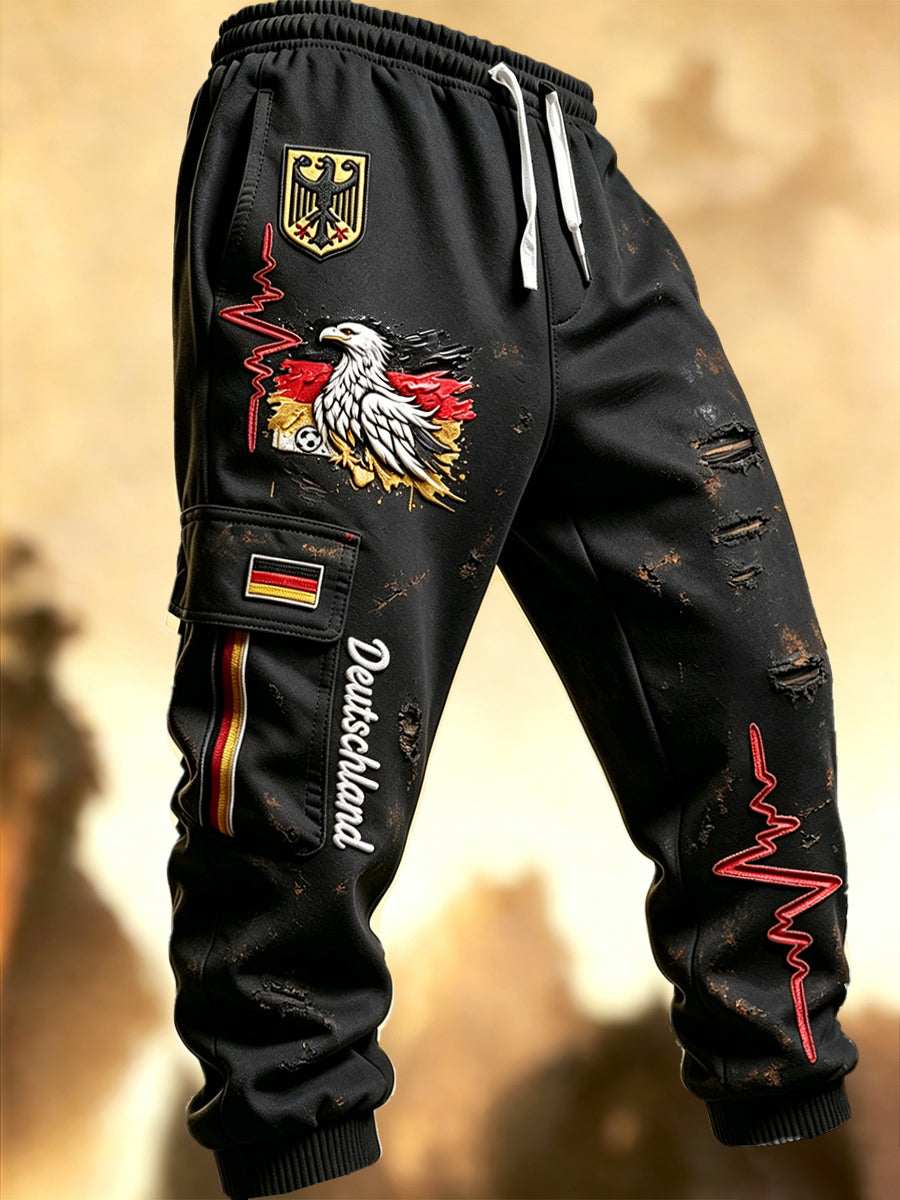 Herren Schwarz Deutsch Fußball-Print Distressed Freizeit Sport hose