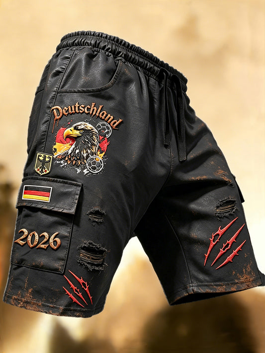 Herren Schwarz Deutsche Fußball-Druck Hole-Effekt Freizeit-Sport-Shorts