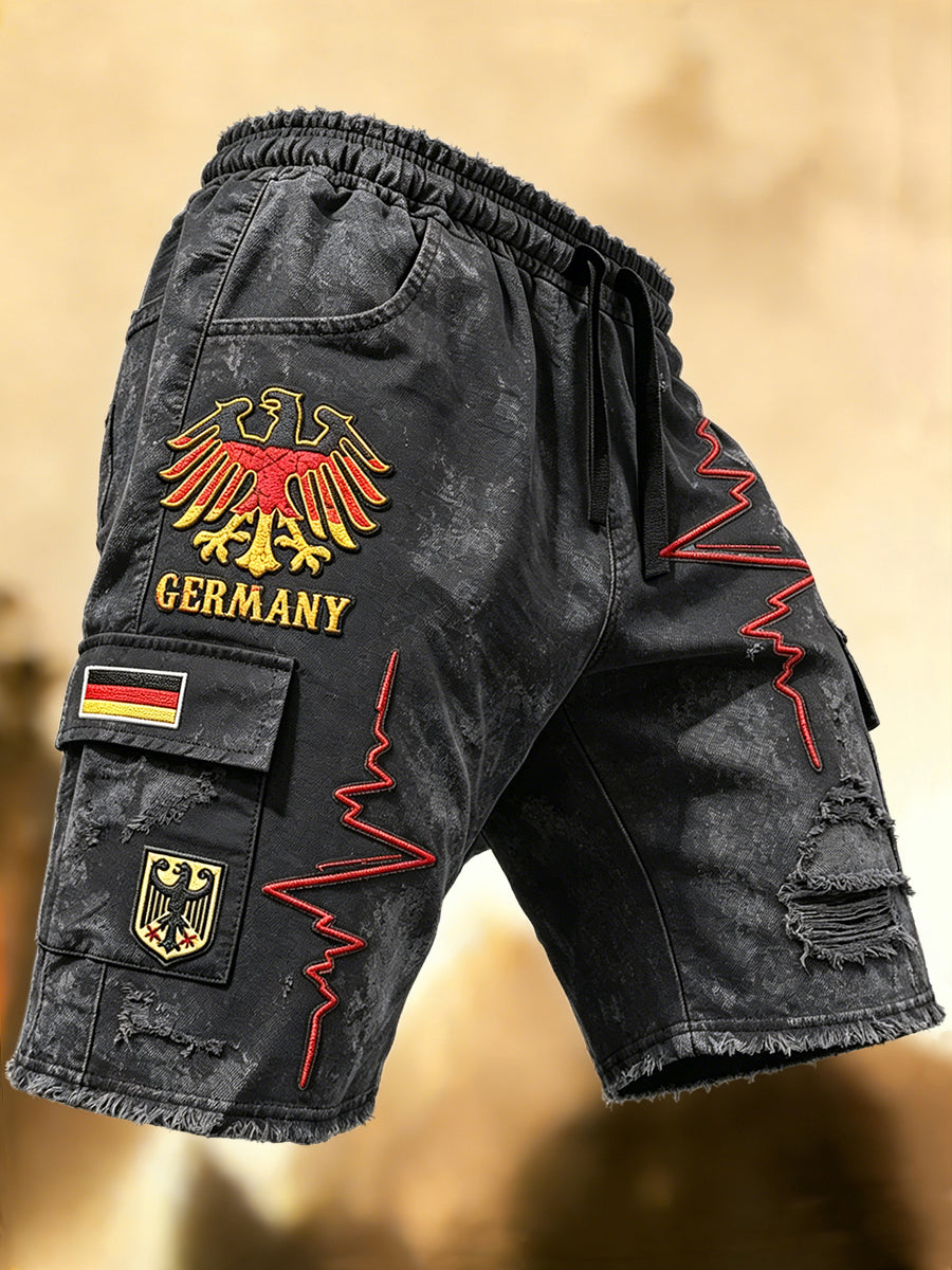 Herren Schwarz Deutscher Fußball Retro Denim-Effekt Druck Freizeit Sport Shorts