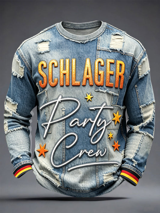 Herren Retro Deutsches Schlager move Denim-Stil Patchwork-Print lässiges Langarm-T-Shirt