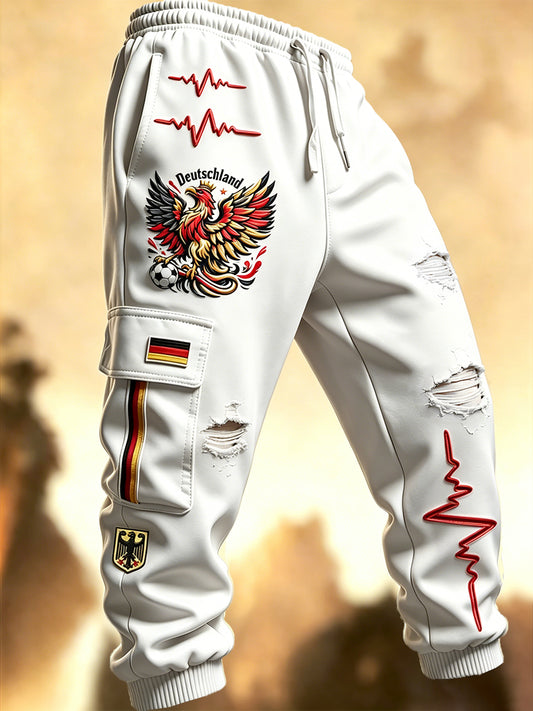 Herren Weiß Deutsch Fußball-Print Distressed Freizeit Sport hose