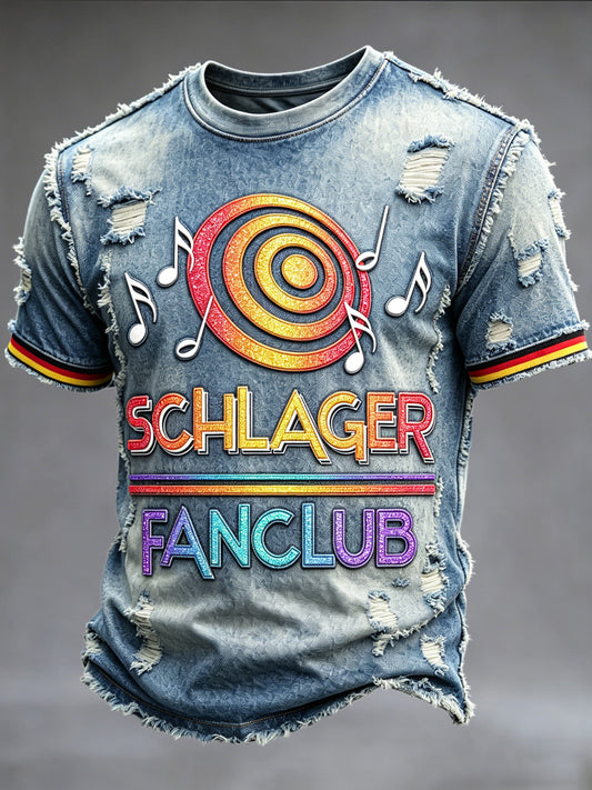 Herren Retro Deutsches Schlager move Denim-Stil Patchwork Print Casual T-Shirt