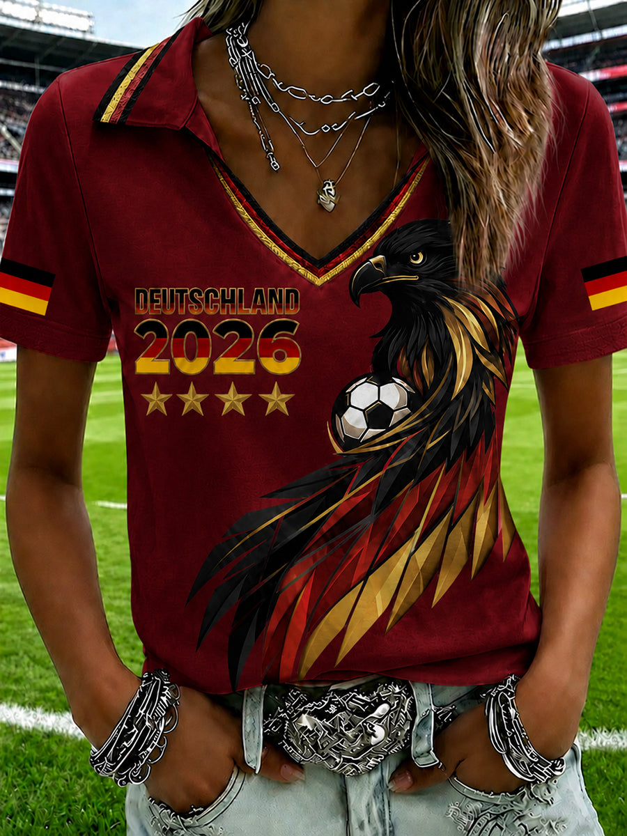 Damen-T-Shirt mit V-Ausschnitt und deutschem Fußballfan-Print