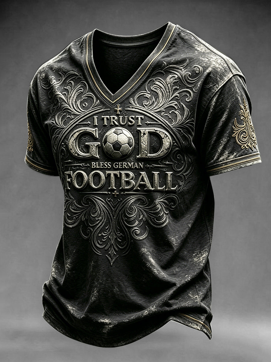 Herren-T-Shirt in Schwarz mit deutschem Fußball-Print, lässig, V-Ausschnitt