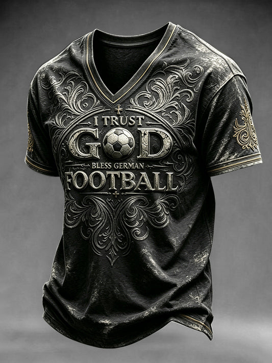 Herren-T-Shirt in Schwarz mit deutschem Fußball-Print, lässig, V-Ausschnitt