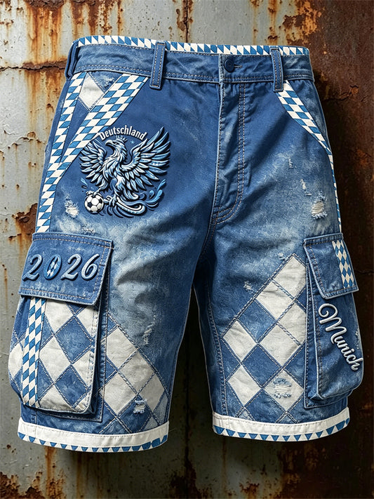 Herren-Vintage-Shorts in Blau, deutsches bayerisches Tartanmuster im Patchwork-Style, lässig für die Arbeit