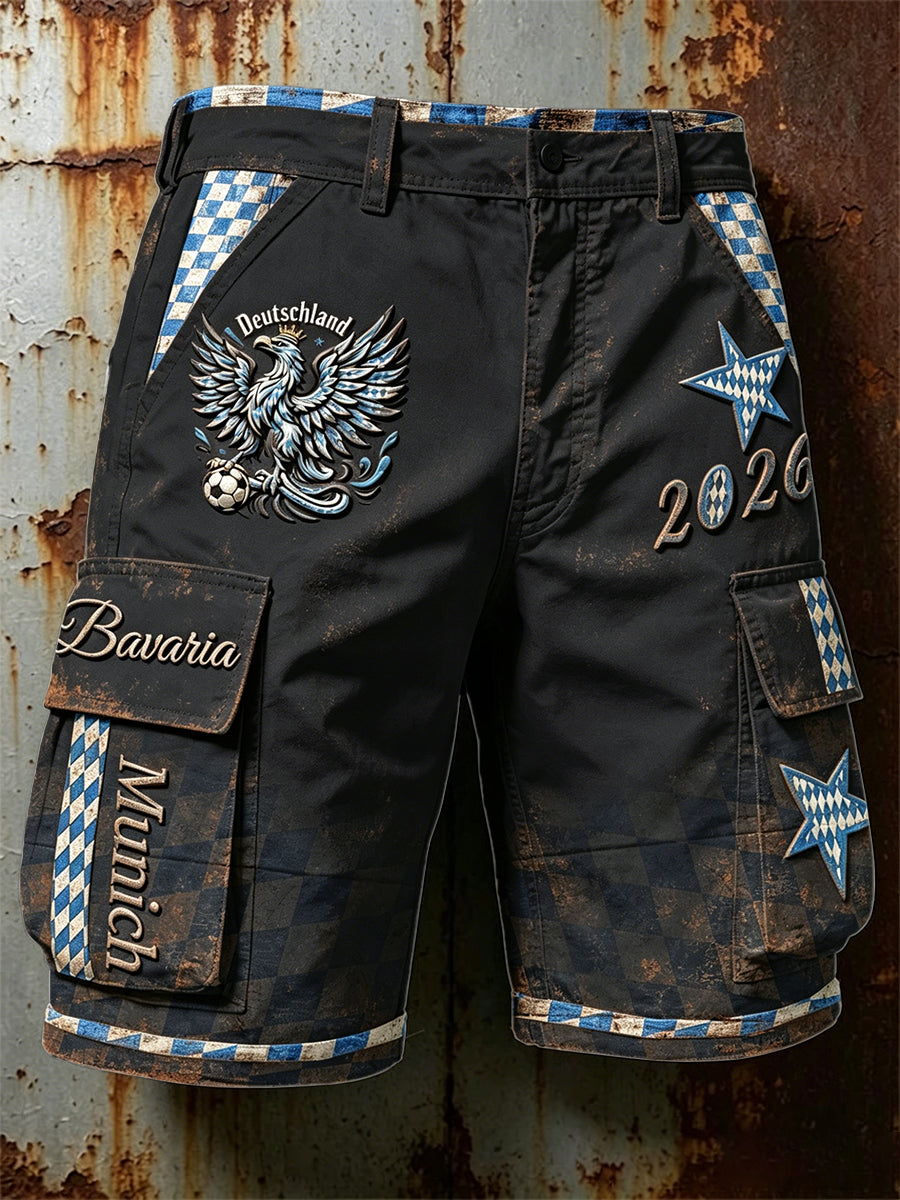 Herren-Shorts in Schwarz mit deutschem bayerischem Patchwork-Print, lässig für die Arbeit