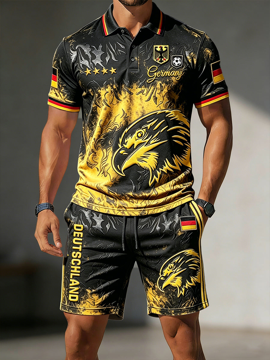 Herren-Set bestehend aus Freizeit-Poloshirt und Shorts im deutschen Fußball-Retro-Design