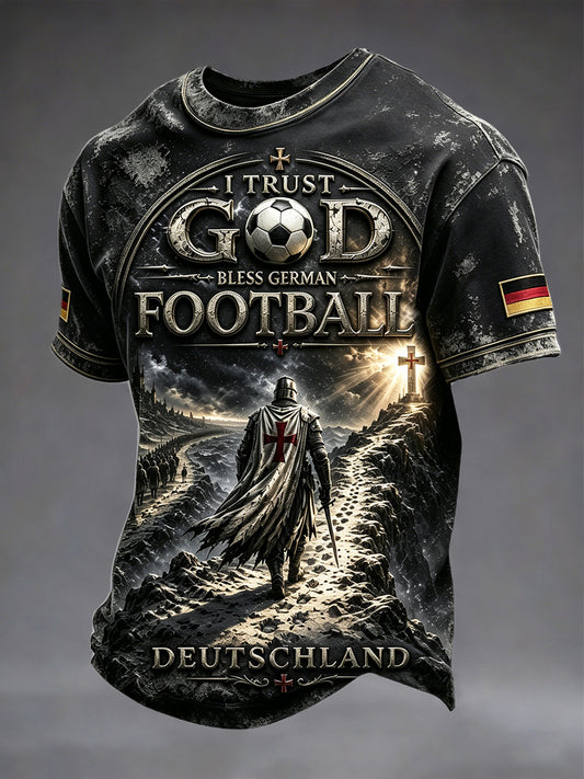 Herren-Retro-T-Shirt in Schwarz mit deutschem Fußballritter-Print, lässig geschnitten