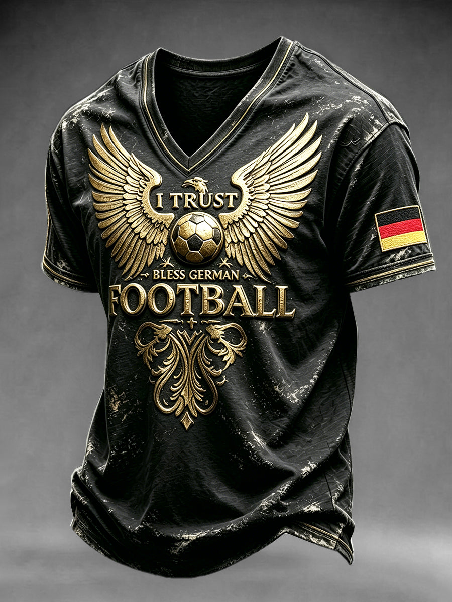 Herren-T-Shirt in Schwarz mit deutschem Fußball-Retro-Adlermotiv und V-Ausschnitt, lässiger Stil