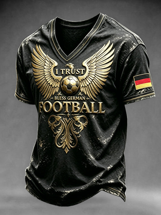 Herren-T-Shirt in Schwarz mit deutschem Fußball-Retro-Adlermotiv und V-Ausschnitt, lässiger Stil