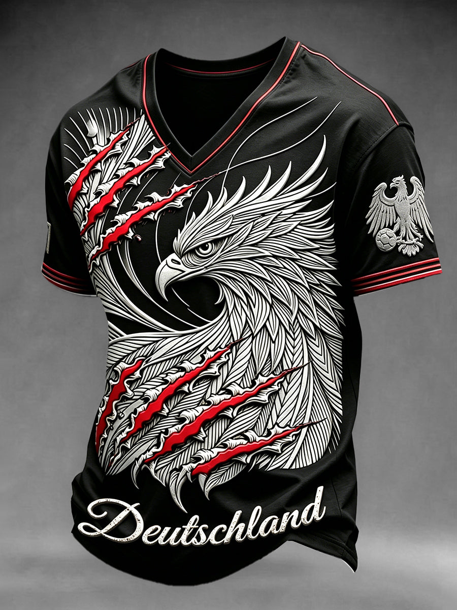 Herren-T-Shirt in Schwarz mit deutschem Fußball-Adler-Print, lässiger V-Ausschnitt