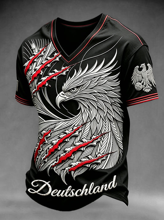 Herren-T-Shirt in Schwarz mit deutschem Fußball-Adler-Print, lässiger V-Ausschnitt