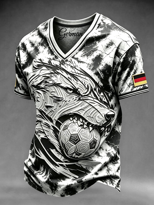 Herren T-Shirt in Schwarz-Weiß mit 3D-Druckmotiv zum deutschen Fußball, lässiger V-Ausschnitt