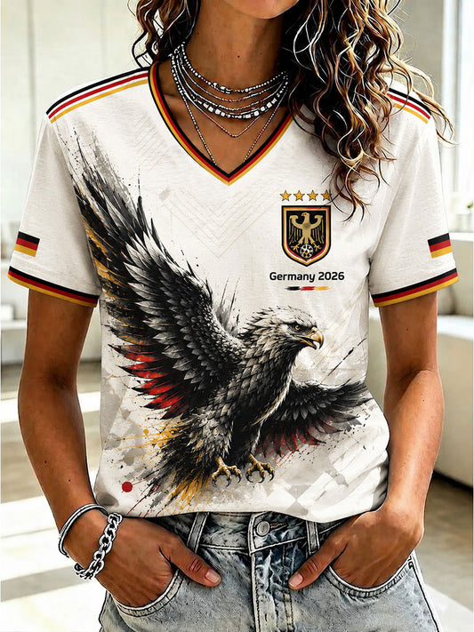Damen-T-Shirt mit V-Ausschnitt und Fußball-Print, Deutschland