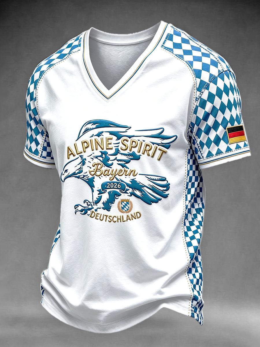 Herren Bavarian Eagle Patchwork Print Lässiges T-Shirt mit V-Ausschnitt