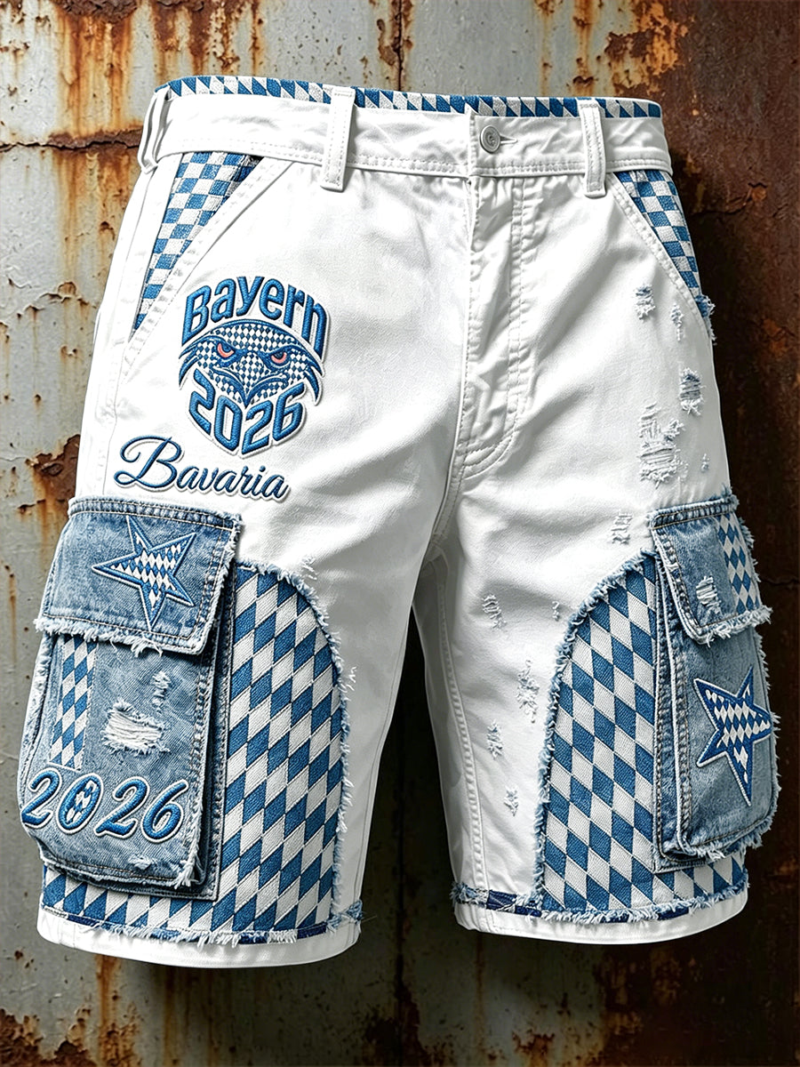 Männer deutscher Fußball Bayern-inspirierte Denim Patchwork Casual Work Shorts
