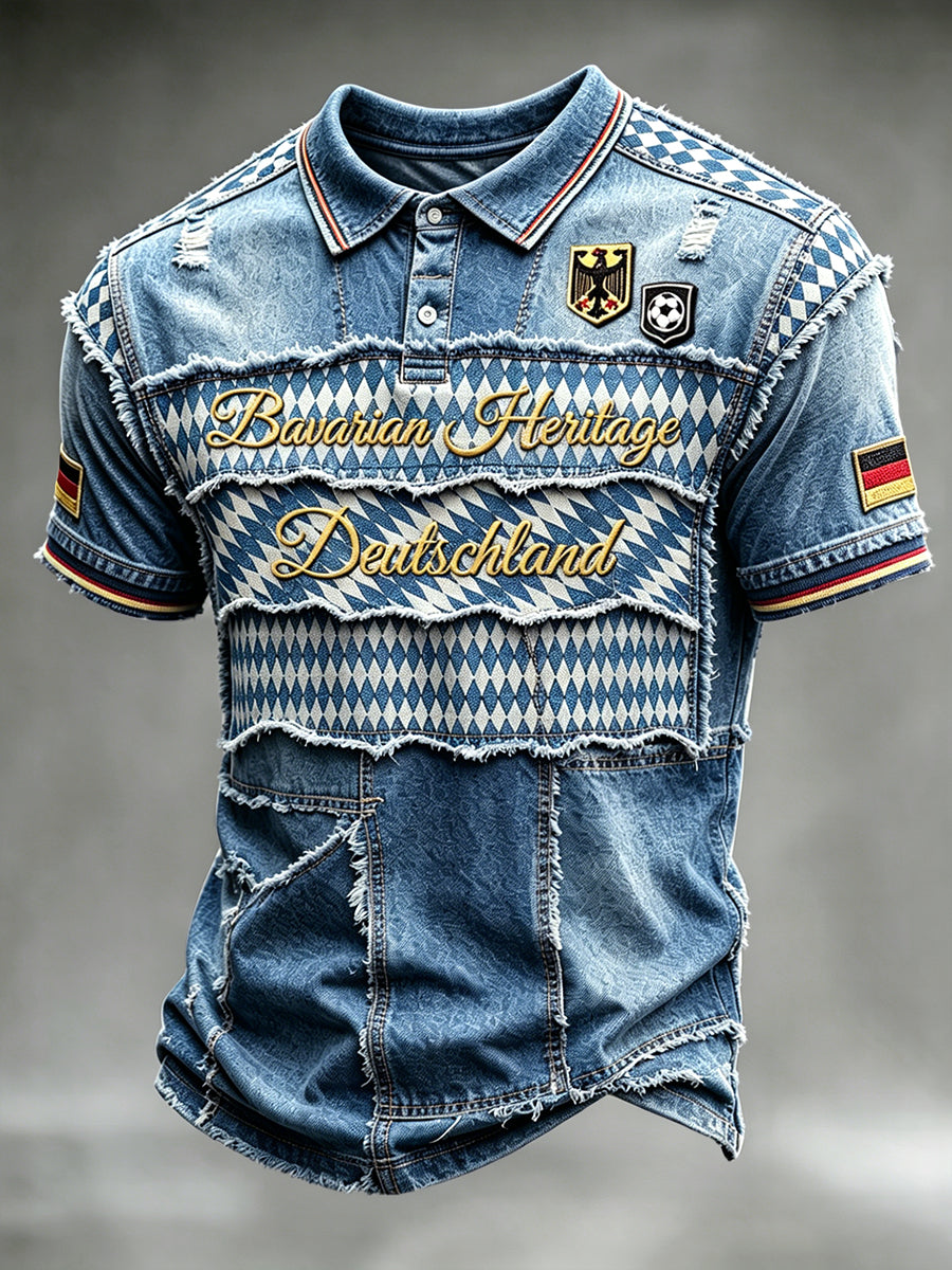Herren-Bayerisch inspiriertes Jeans-Patchwork-Print-Polo-Shirt