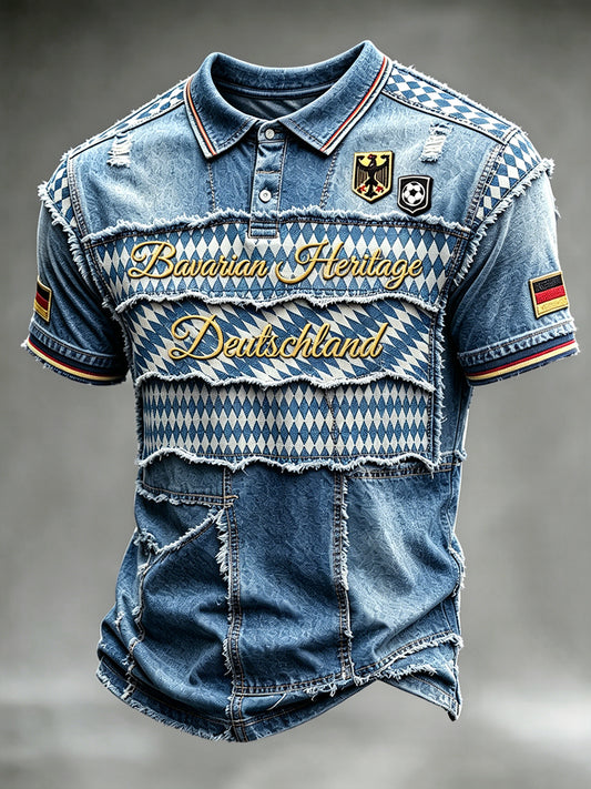 Herren-Bayerisch inspiriertes Jeans-Patchwork-Print-Polo-Shirt
