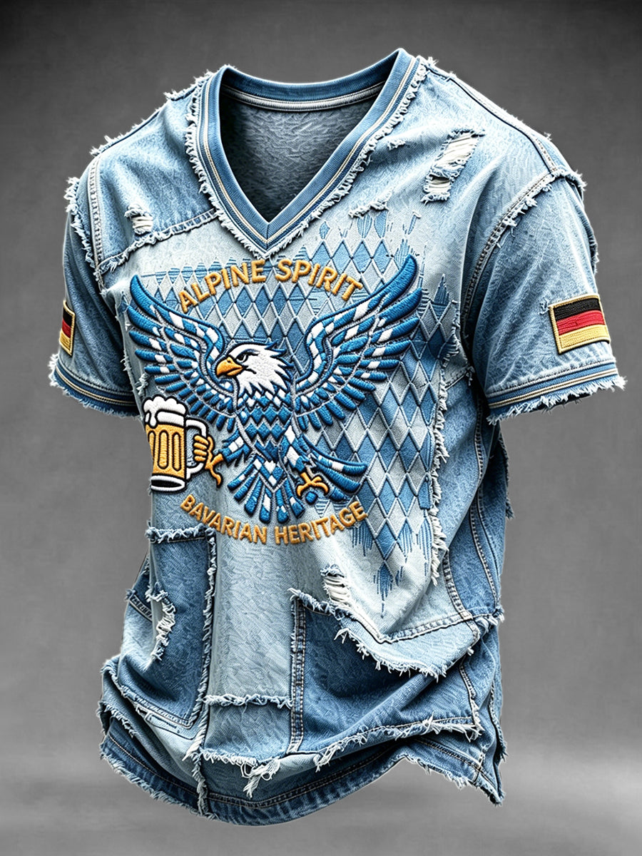 Männer deutsche Fußball Adler Denim-Stil Patchwork Print lässig V-Ausschnitt T-Shirt