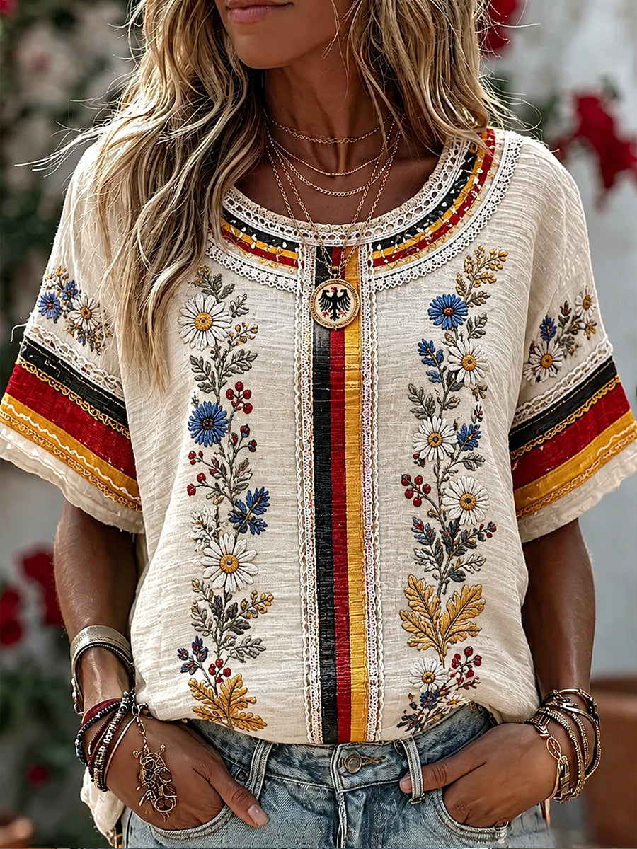 Damen-Boho-T-Shirt mit deutschem Blumenmuster