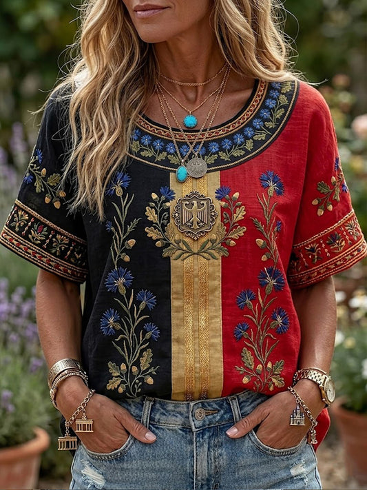 Damen-Boho-T-Shirt mit deutschem Blumenmuster