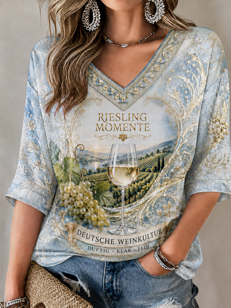 Damen-T-Shirt mit Riesling-Weinberg-Print und mittellangen Ärmeln