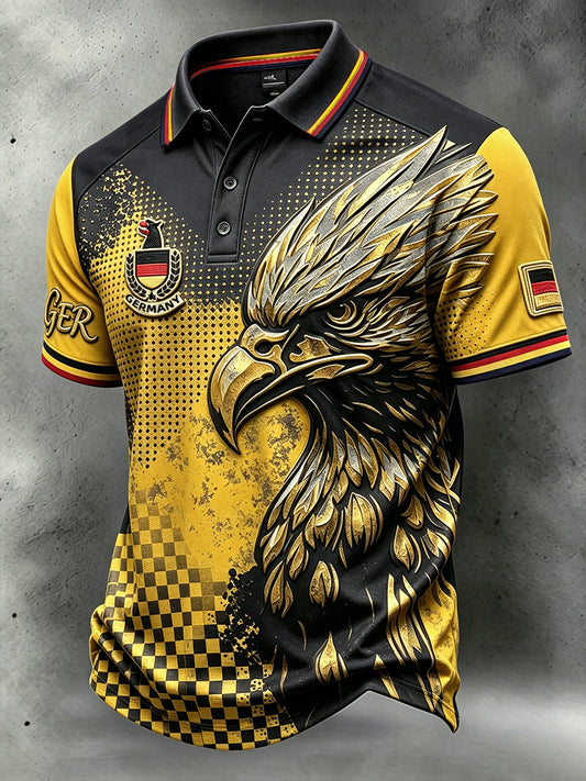 Herren-Vintage-Poloshirt im deutschen Fußball-Design mit gelbem Adler, lässiger Stil