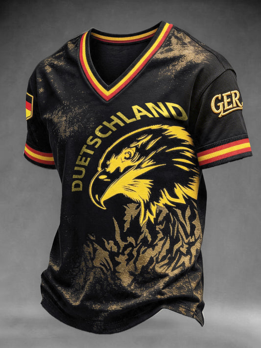 Herren-T-Shirt in Schwarz mit deutschem Fußball-Adler-Print, lässiger V-Ausschnitt