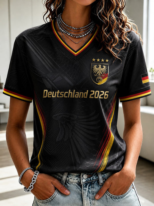 Damen-T-Shirt mit V-Ausschnitt und Fußball-Print, Deutschland