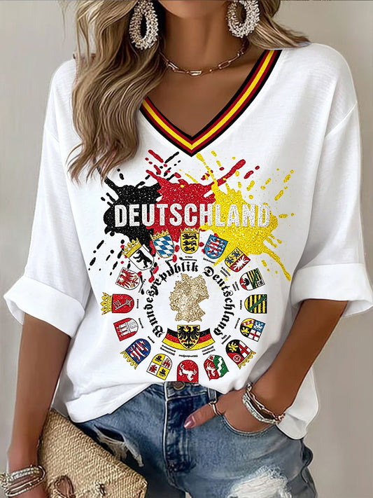 Frauen Weiß Deutschland Sachsen Flagge Print Casual T-Shirt mit V-Ausschnitt