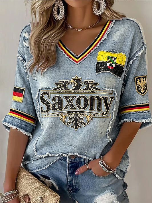 Damen Deutsch Sachsen Denim Patchwork Print Freizeit T-Shirt mit V-Ausschnitt