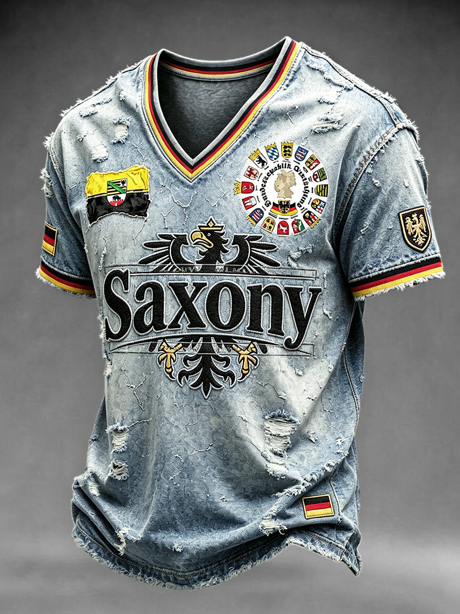 Herren Deutsch Sachsen Denim-Print lässig V-Ausschnitt T-Shirt