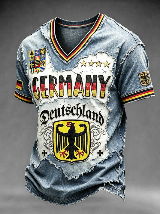 Herren Deutsch Sachsen Denim Patchwork Print Freizeit T-Shirt mit V-Ausschnitt