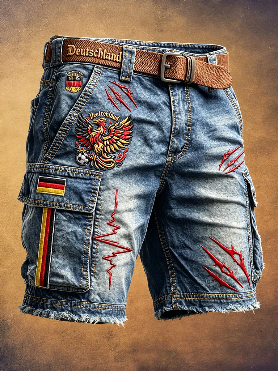 Herren Retro Denim-Effekt Deutsches Fußball-Team „ Eagles “Print Freizeit-Arbeits shorts