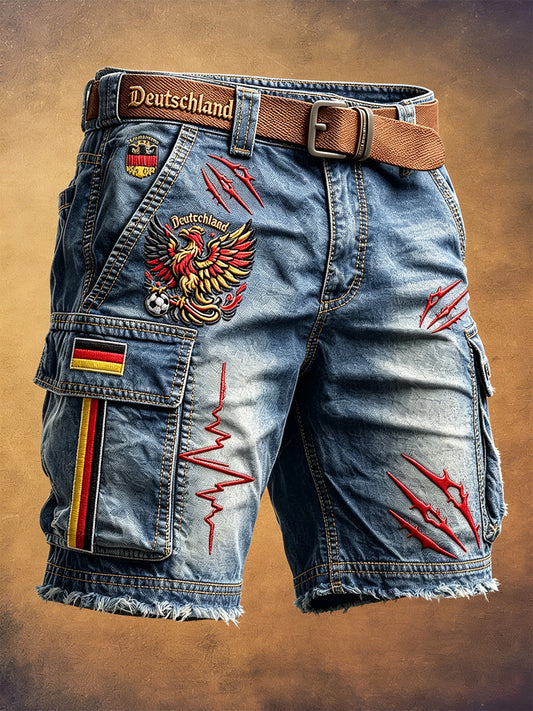 Herren Retro Denim-Effekt Deutsches Fußball-Team „ Eagles “Print Freizeit-Arbeits shorts