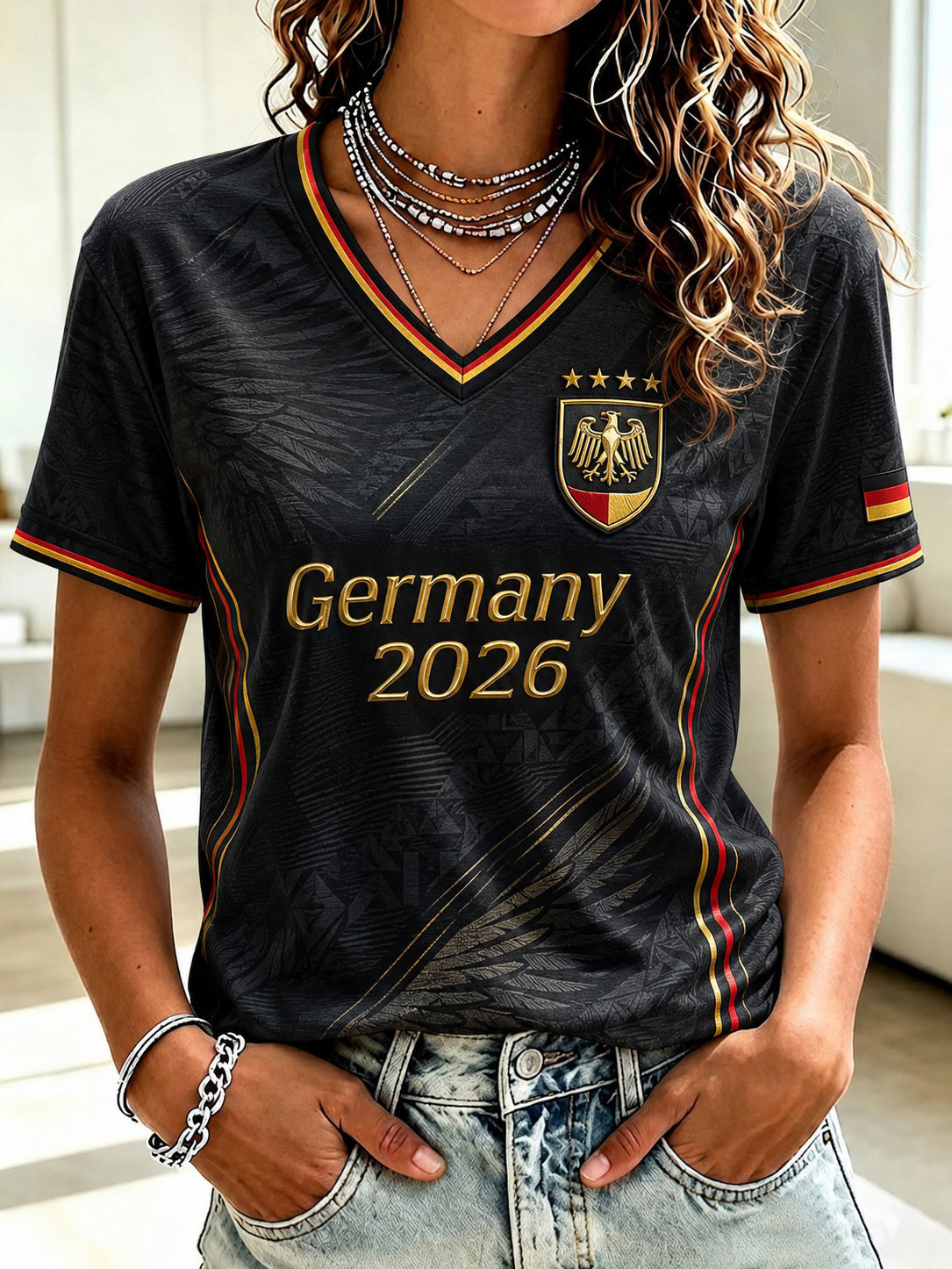 Damen-Fußball-T-Shirt aus Deutschland mit V-Ausschnitt und Aufdruck